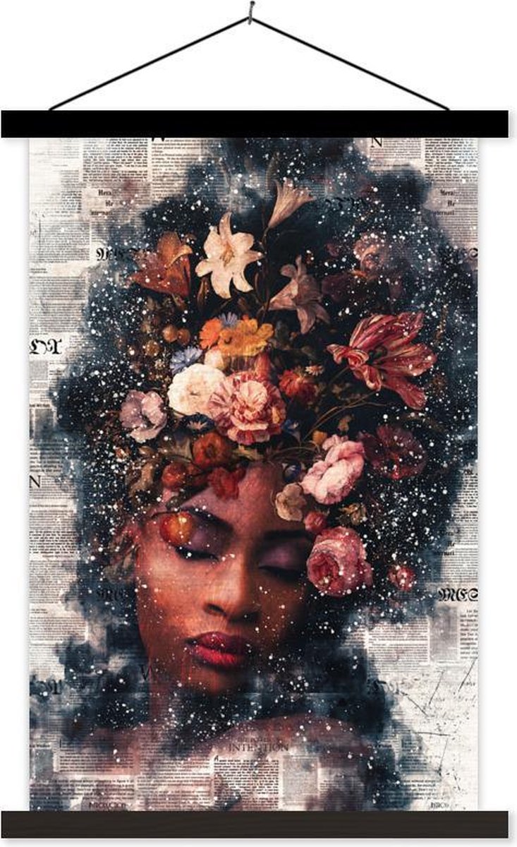 Posterhanger incl. Poster 60x90 cm - Schoolplaat - Vrouw - Verf - Bloemen - Textielposter 