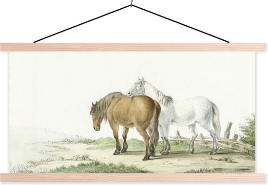 Posterhanger incl. Poster - Schoolplaat - Een bruin en wit paard langs een hek - schilderij van Jean Bernard - 150x75 cm - Blanke latten