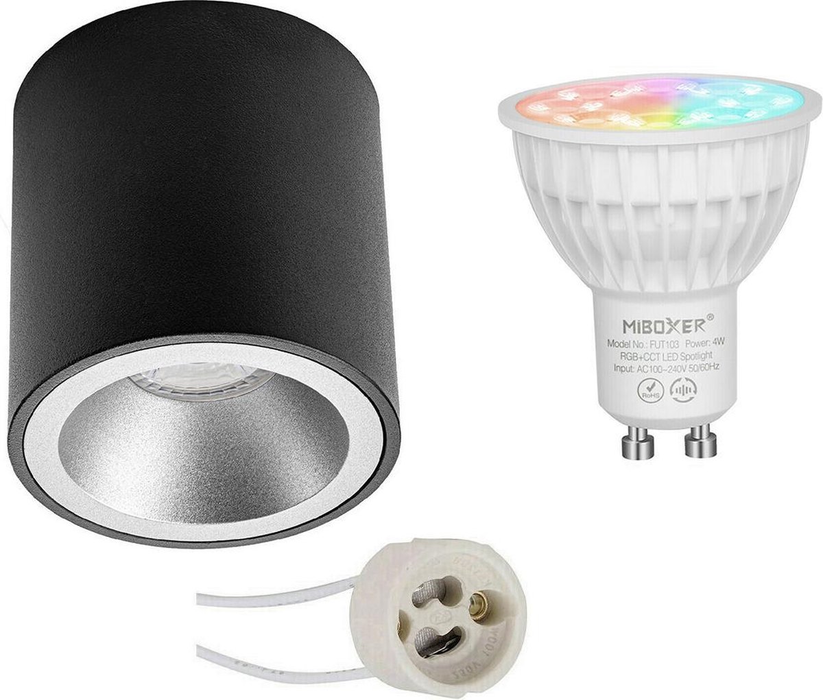 Mi-Light MiBoxer - Opbouwspot Set GU10 - Smart LED - Wifi LED - Slimme LED - 4W - RGB+CCT - Aanpasbare Kleur - Dimbaar - Proma Cliron Pro - Opbouw Rond - Mat Zwart/Zilver - Verdiept - Ø90mm