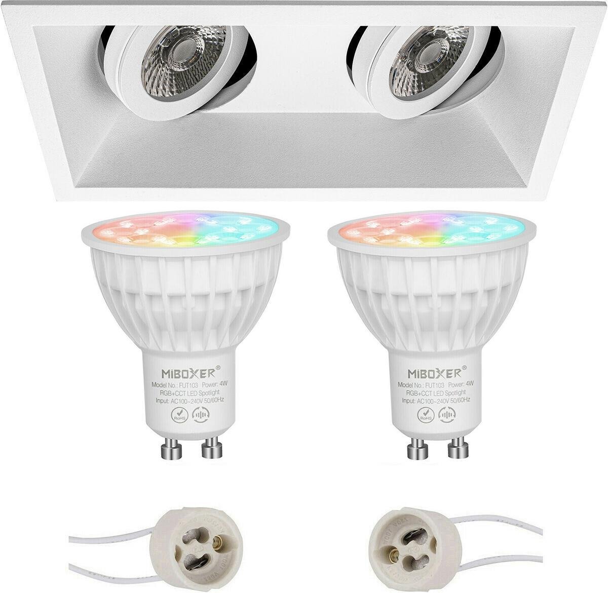 Mi-Light MiBoxer - LED Spot Set GU10 - Smart LED - Wifi LED - Slimme LED - 4W - RGB+CCT - Aanpasbare Kleur - Dimbaar - Proma Zano Pro - Inbouw Rechthoek Dubbel - Mat Wit - Kantelbaar - 185x93mm