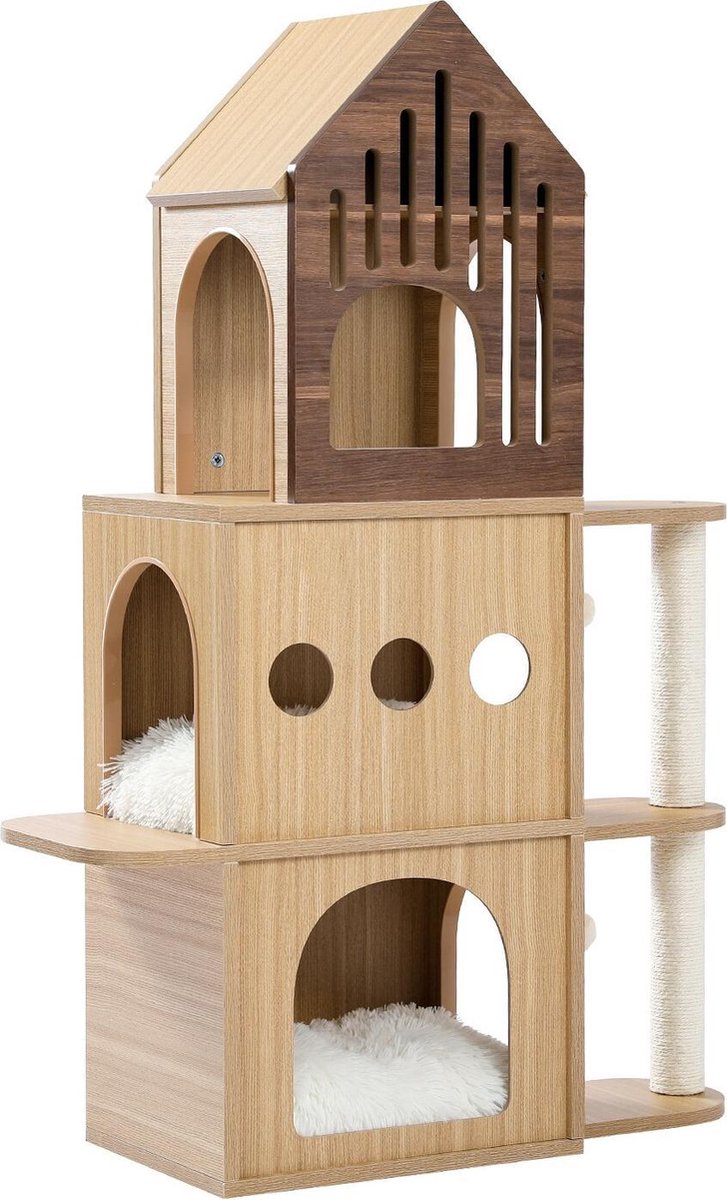 PawHut Kattenboom: Comfortabel Slapen, Krabben & Spelen - Lichtgrijs Crmewit