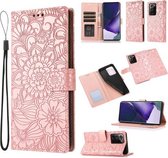 Voor Samsung Galaxy Note20 Ultra Skin Feel Reliëf Zonnebloem Horizontale Flip Lederen Case met Houder & Kaartsleuven & Portemonnee & Lanyard (Rose Goud)