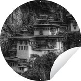 Tuincirkel Bhutan - Zwart - Wit - Tempel - 60x60 cm - Ronde Tuinposter - Buiten