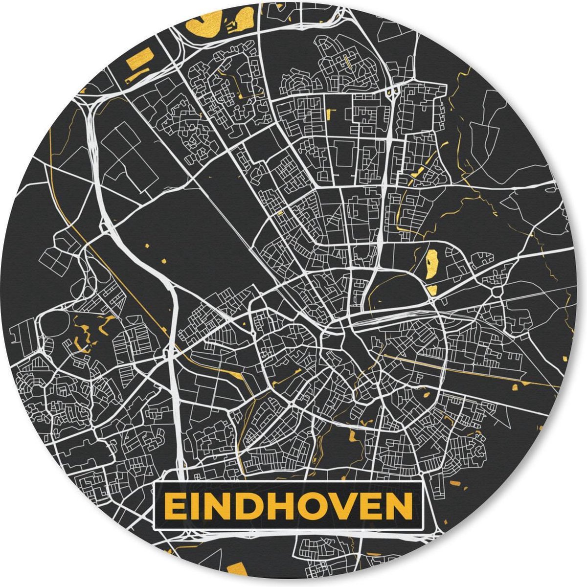 Muismat rond 40x40 cm - Mousepad Kaart - Eindhoven - Goud - Zwart - Ronde muismatten
