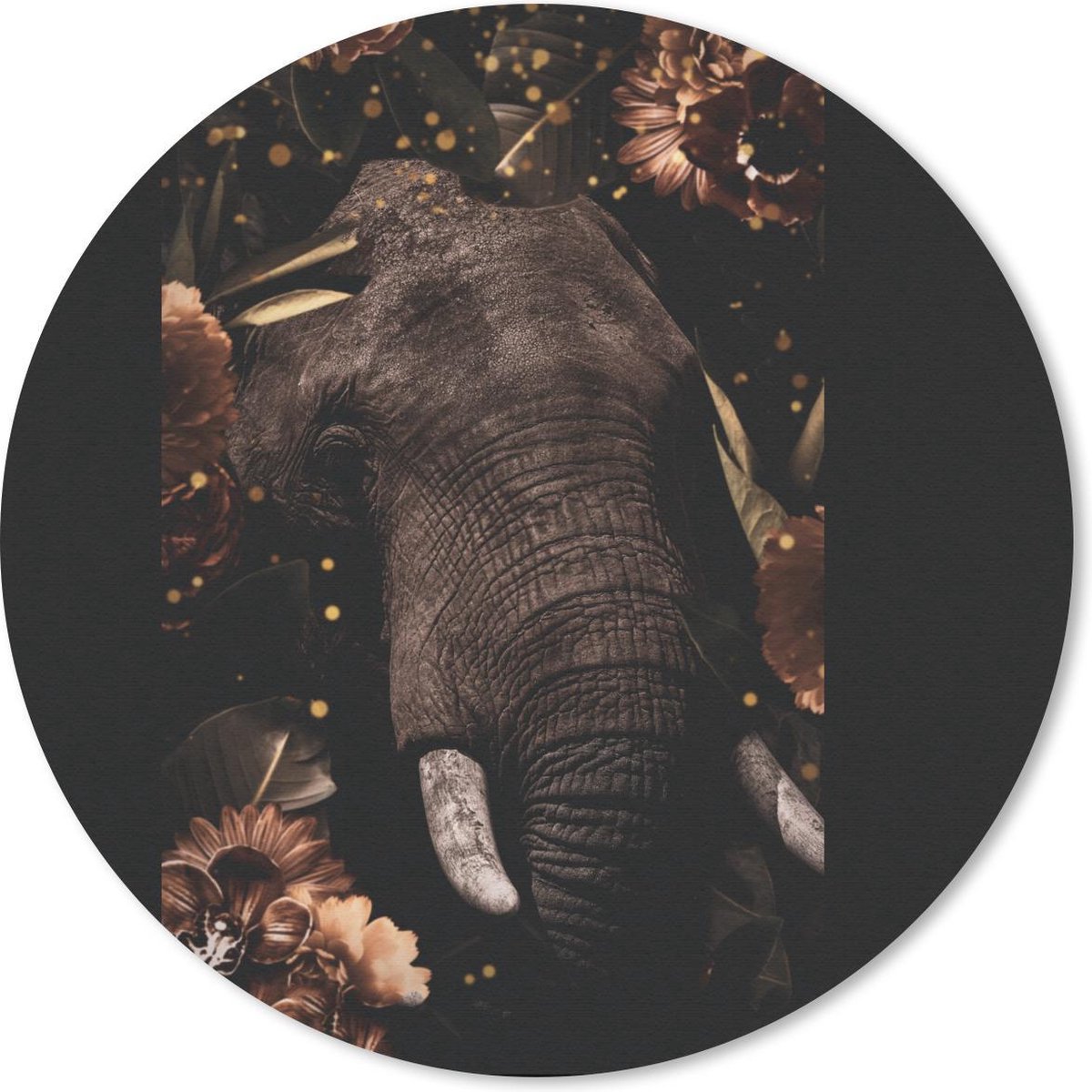 Muismat rond 40x40 cm - Mousepad Olifant - Dieren - Bloemen - Licht - Ronde muismatten