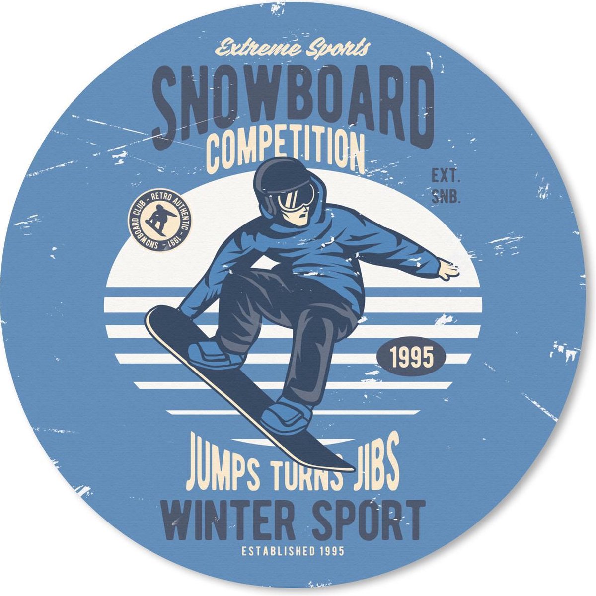 Muismat rond 40x40 cm - Mousepad Snowboard - Wintersport - Retro - Ronde muismatten