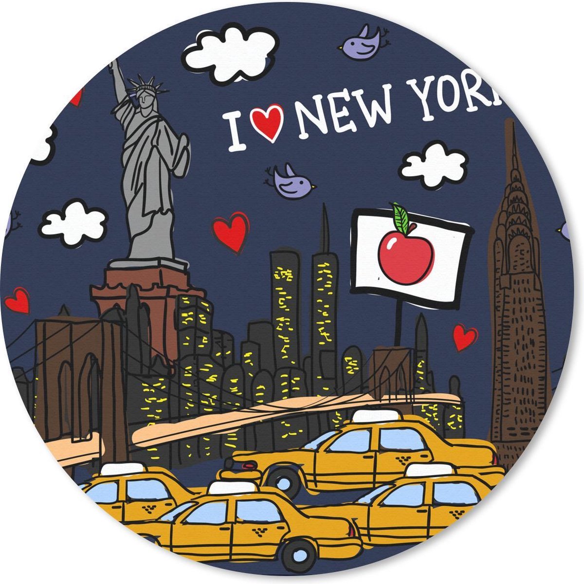 Muismat rond 40x40 cm - Mousepad New York - Tekening - Geel - Ronde muismatten