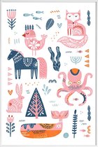 JUNIQE - Poster in kunststof lijst Patchwork Animals -60x90 /Roze &