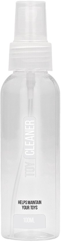 Transparante spuitfles van 100ml met tekst 'TOY CLEANER' en 'HELPS MAINTAIN YOUR TOYS'.