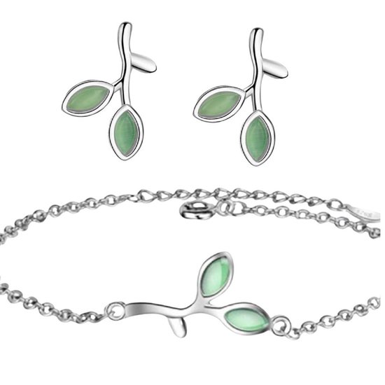 2-Delige Set- Zilver- Armband met Oorbellen- Green Leaf- Charme Bijoux