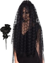Zombiebruid/weduwe verkleedaccessoires set met sluier en rozen zwart 75 cm - Halloween verkleedset