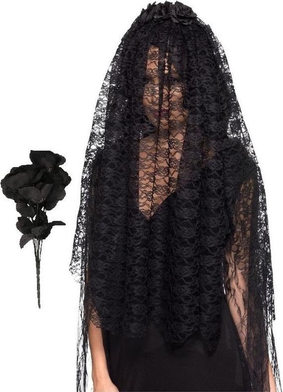 Smiffys Zombiebruid/weduwe verkleedaccessoires set - Halloween sluier en rozen