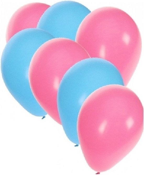 Een groep lichtblauwe en lichtroze ballonnen.