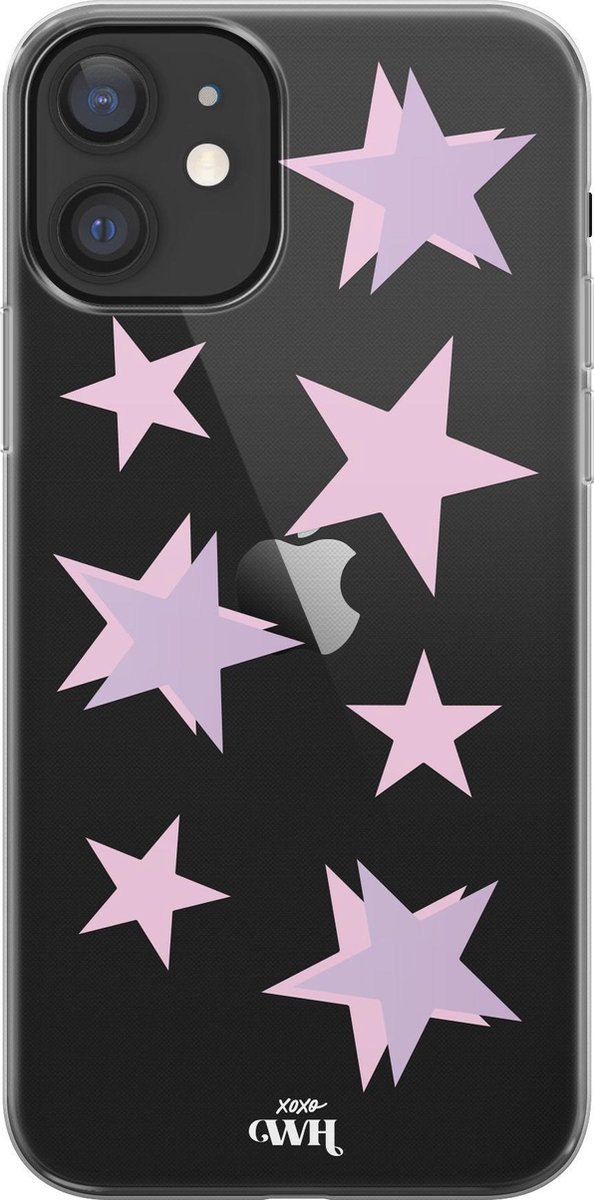 Hoesje met sterren roze - Pink Stars - iPhone Transparant Case - Case geschikt voor iPhone 12 hoesje transparant - Doorzichtig hoesje met sterren - roze