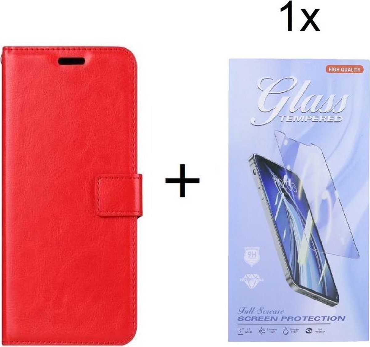Bookcase Geschikt voor: Oppo A54 5G / A74 5G / A93 5G - Rood - portemonnee hoesje met 1 stuk Glas Screen protector