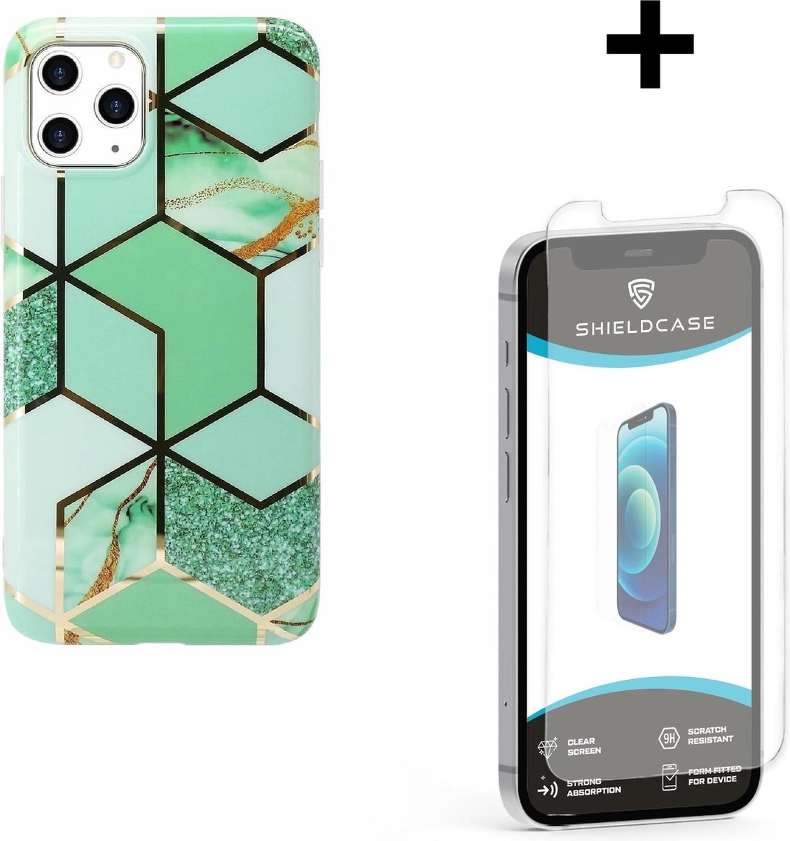 ShieldCase telefoonhoesje geschikt voor Apple iPhone 12 Pro Max 6.7 inch hoesje marmeren patroon - groen + glazen Screen Protector