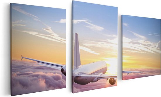 Artaza Canvas Schilderij Drieluik Vliegtuig In De Wolken Bij Zonsondergang - 120x60 - Foto Op Canvas - Canvas Print