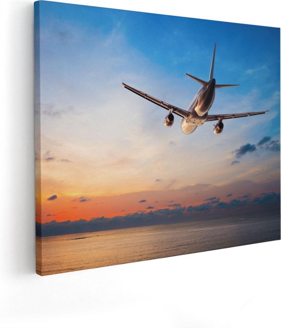 Artaza Canvas Schilderij Vliegtuig Boven De Zee Bij Zonsondergang - 50x40 - Foto Op Canvas - Canvas Print