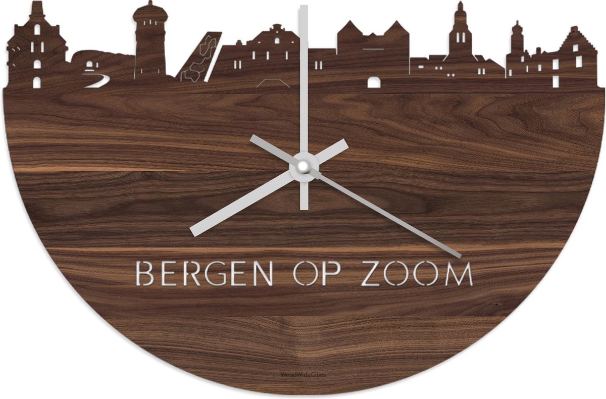 Skyline Klok Bergen op Zoom Notenhout - Ø 40 cm - Stil uurwerk - Wanddecoratie - Meer steden beschikbaar - Woonkamer idee - Woondecoratie - City Art - Steden kunst - Cadeau voor hem - Cadeau voor haar - Jubileum - Trouwerij - Housewarming -