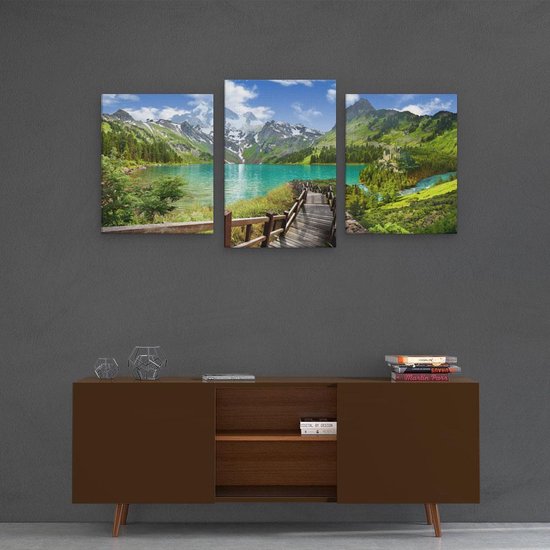 Artaza Canvas Schilderij Drieluik Pad Naar Een Helder Blauw Meer In De Bergen - 120x60 cm - Wanddecoratie Woonkamer - Schilderijen - Muurdecoratie