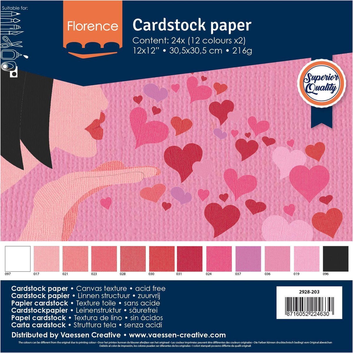 Florence Karton - Valentijn Kleuren - 305x305 - Ruwe textuur - 216g - 24 vellen