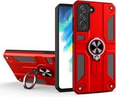 Voor Samsung Galaxy S21 FE koolstofvezelpatroon pc + TPU-beschermhoes met ringhouder (rood)