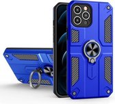 Koolstofvezelpatroon PC + TPU-beschermhoes met ringhouder voor iPhone 12 Pro (donkerblauw)