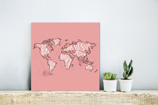 Décoration murale Métal - Peinture Aluminium - Wereldkaart - Rose - Wit - Lettres - 20x20 cm