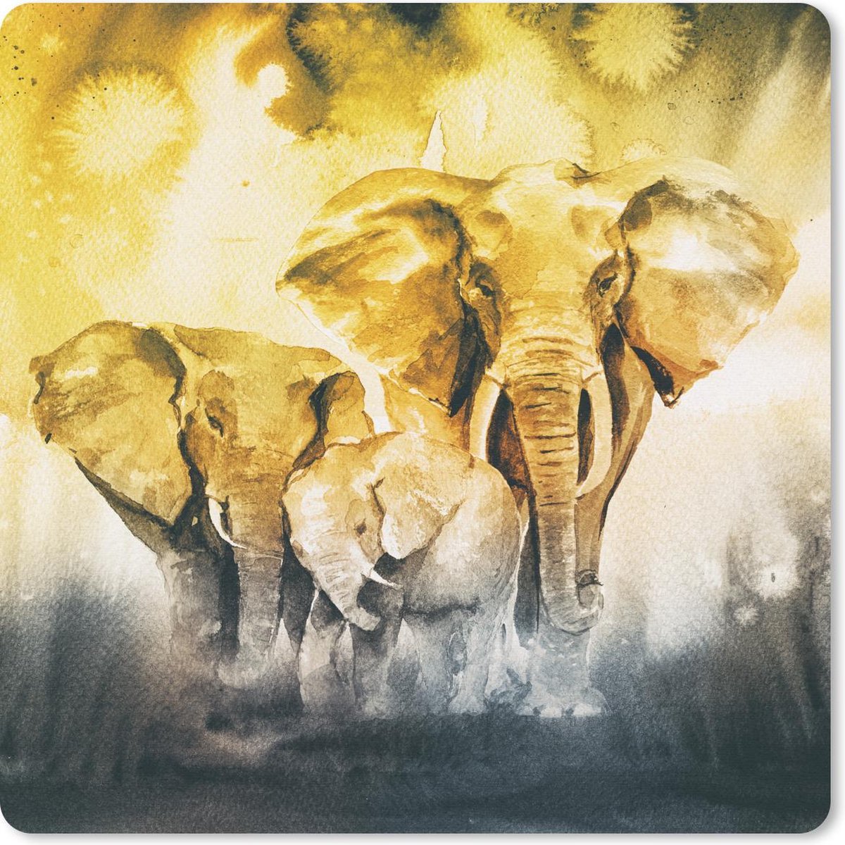 Muismat 30x30 cm - Mousepad Olifant - Familie - Waterverf - Muismatten