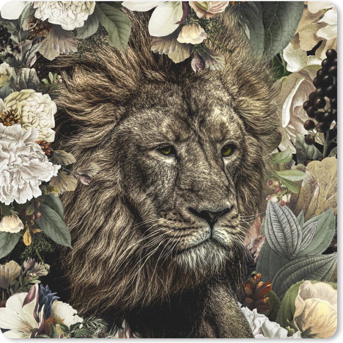 Muismat 20x20 cm - Mousepad Leeuw - Bloemen - Blad - Muismatten