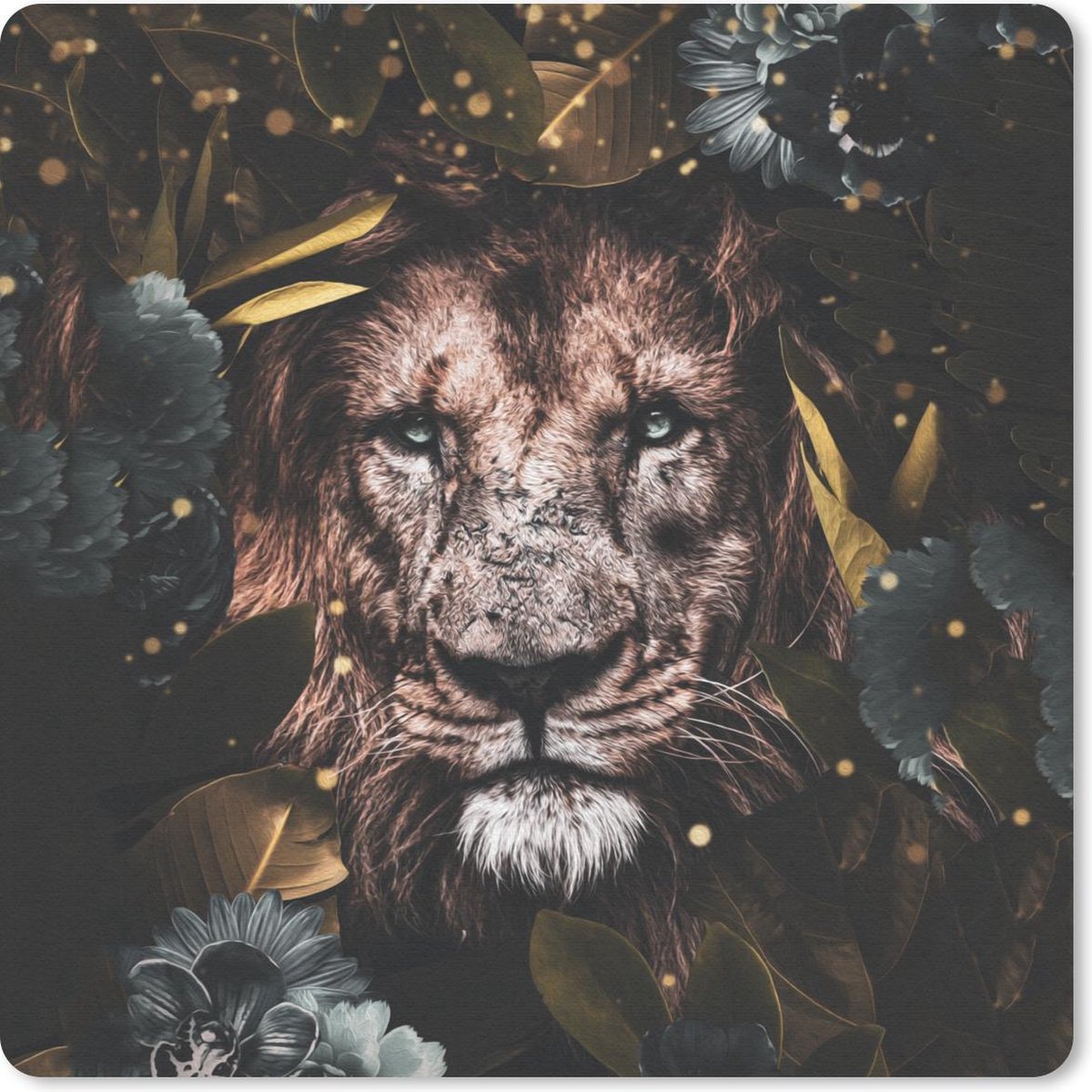 Muismat 20x20 cm - Mousepad Leeuw - Wilde dieren - Bloemen - Licht - Muismatten