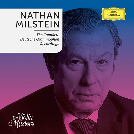 Portret van Nathan Milstein met paarse en blauwe achtergrond. "The Violin Masters" en "The Complete Deutsche Grammophon Recordings".