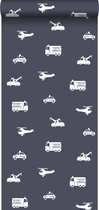 ESTAhome behangpapier auto's, brandweerauto's, helikopters en kranen donkerblauw - 138916 - 53 cm x 10,05 m