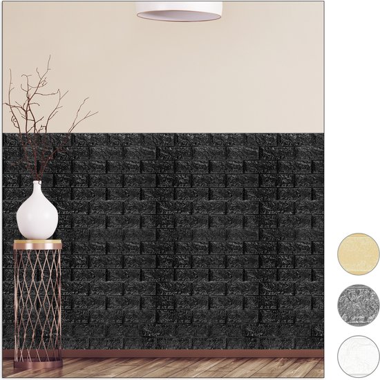 Zwarte 3D steentjes behang, 78x70cm, met diverse andere kleuren aan de zijkant.