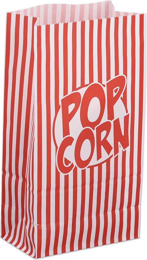 Leeg popcornzakje met rode en witte strepen, 26 cm hoog.