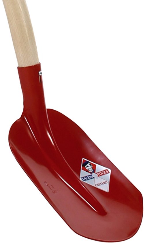 Rode schepbats van gehard staal met houten steelbevestiging, met een label van Talen Tools.