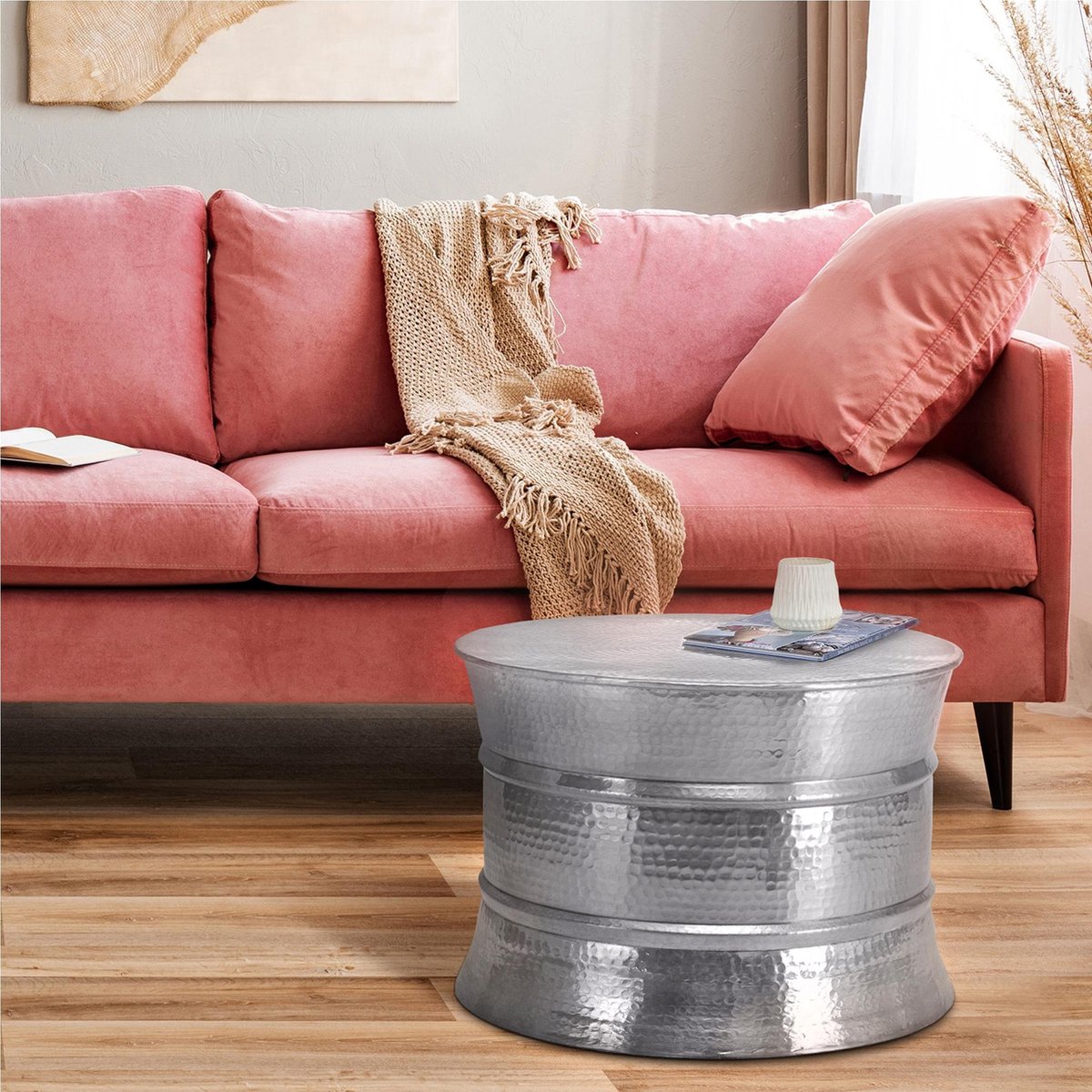 womo-design drum salontafel rond ø 62 x 33 cm aluminium zilver met hamerslag handgemaakt en uniek metalen lage loungetafel voor woonkamer oriëntaalse stijl stabiel en onderhoudsvriendelijk ook als bijzettafel of sofatafel industrieel design