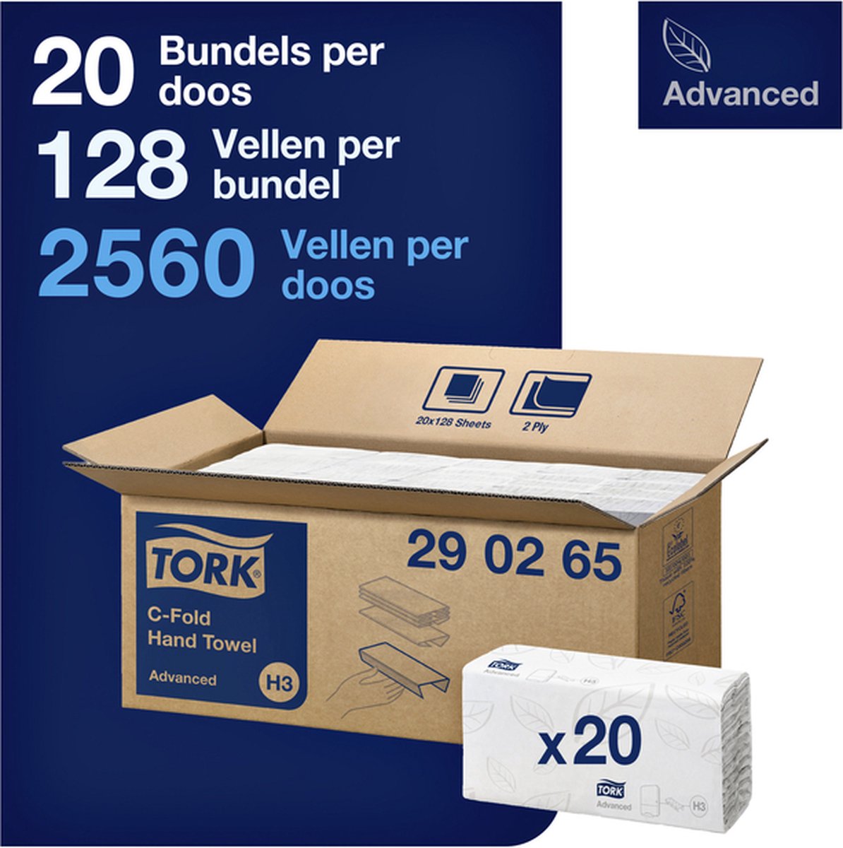 Tork snel oplosbare Z-gevouwen papieren handdoeken 290190 - H3 Advanced vouwhanddoeken voor papieren handdoek dispenser - zacht, 2-laags, wit - 15 x 250 doeken