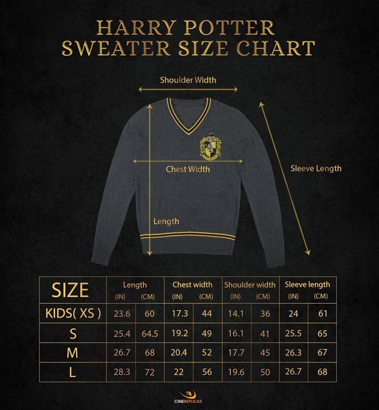 Maattabel voor Harry Potter truien met illustratie en afmetingen: lengte, borstomvang, schouderbreedte, mouwlengte.