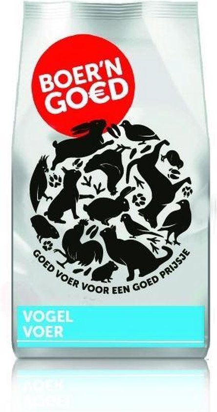 Zak met vogelvoer van Boer'n Goed. Zilverkleurige zak met rode cirkel met tekst BOER'N GOED. Cirkelvormige illustratie van verschillende dieren, met de tekst GOED VOER VOOR EEN GOED PRIJSJE. Onderaan de tekst VOGEL VOER.