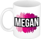 Megan  naam cadeau mok / beker met roze verfstrepen - Cadeau collega/ moederdag/ verjaardag of als persoonlijke mok werknemers