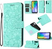 Voor Huawei Y6p Huid Voelen Reliëf Zonnebloem Horizontale Flip Lederen Case met Houder & Kaartsleuven & Portemonnee & Lanyard (Groen)