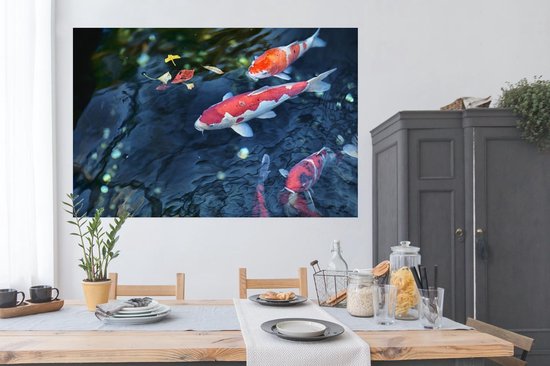Poster Quatre carpes koï dans un étang 180x120 cm - Tirage photo sur Poster (décoration murale salon / chambre) / Poster Animaux sauvages XXL / Groot format!