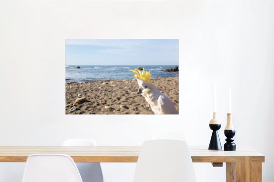 Poster Un cacatoès blanc et jaune sur la plage 60x40 cm - Tirage photo sur Poster (décoration murale salon / chambre) / Poster Vogels