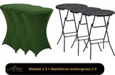 3x zwarte Statafel + donkergroene Statafelrok x 3 – 80 cm Dia x 110 cm hoog – Cocktailtafel – Hoge staan tafel – Breed Blad – Inclusief donkergroene Statafelhoes – Staantafelrok Stretch R