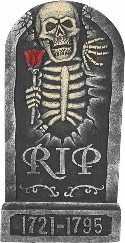 Foto: Horror kerkhof decoratie grafsteen rip skelet met roos 32 x 65 cm halloween feestdecoratie en versiering