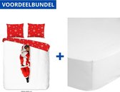 Luxe Dekbedovertrek Eenpersoons - 140x200/220cm - Inclusief 1 Kussensloop - 100% Zacht Polyester - Santa - Kerst + Zachte Katoenen Hoeslaken -100x200cm - Wit