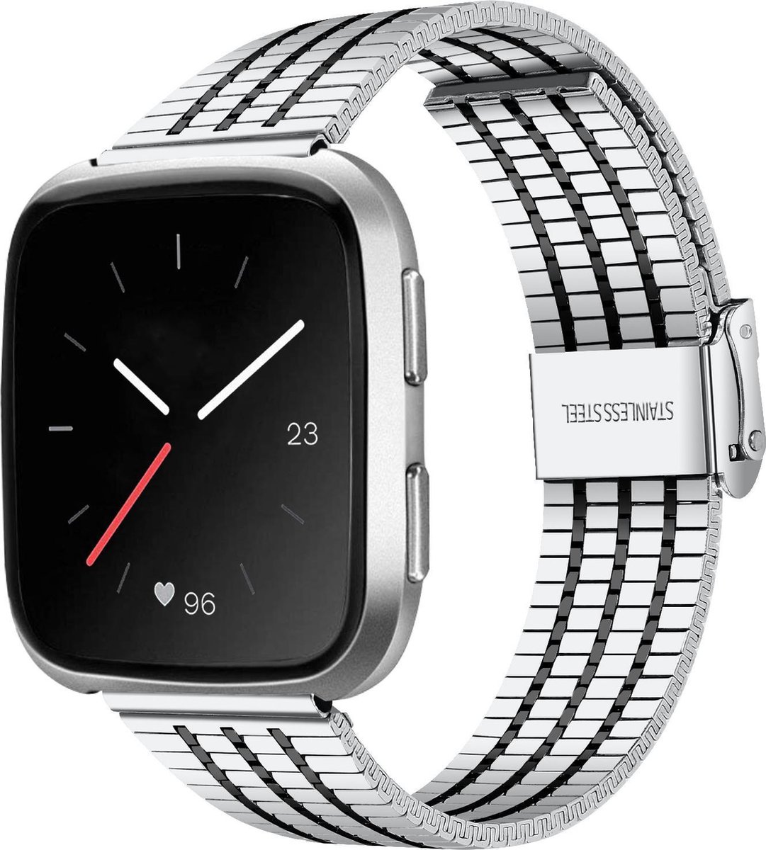 Stalen Smartwatch bandje - Geschikt voor Fitbit Versa / Versa 2 roestvrij stalen bandje - zilver/zwart - Strap-it Horlogeband / Polsband / Armband