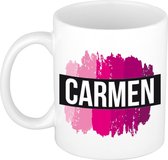 Carmen  naam cadeau mok / beker met roze verfstrepen - Cadeau collega/ moederdag/ verjaardag of als persoonlijke mok werknemers