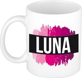 Luna  naam cadeau mok / beker met roze verfstrepen - Cadeau collega/ moederdag/ verjaardag of als persoonlijke mok werknemers